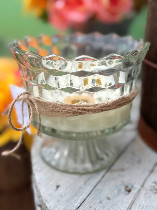 Sage Green/Clear Vintage Glass Soy Wax Candle: ng Mahogany Teakwood type fragrance